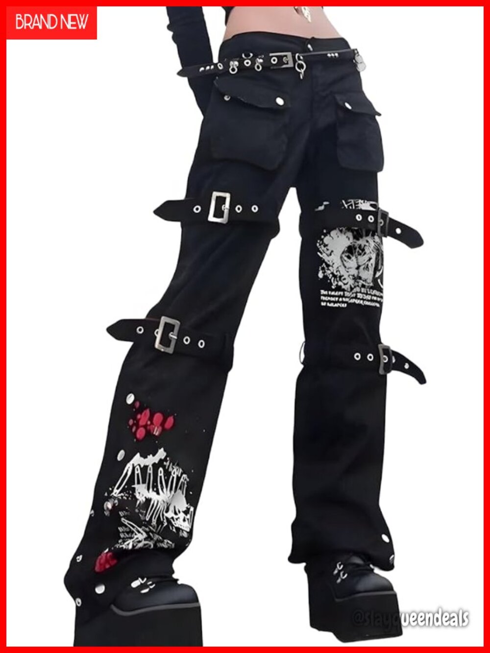 Y2K Gothic High Waist Punk Print Cargo Pants | Grunge Straight Wide Leg Jeans